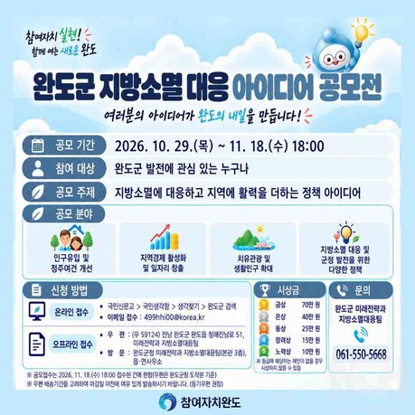 완도군, 지방소멸 해법 찾는다…정책 아이디어 공모전 개최